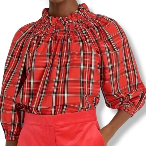 J. Crew Plaid Smocked Blouse Red Size XS - Picture 2 of 15